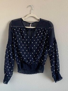 Free People Navy Polka Dot Peasant Blouse with Tie